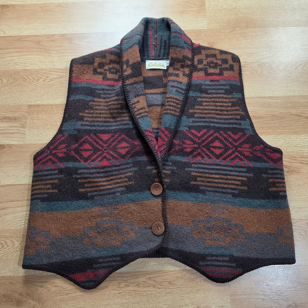 Vtg Cabelas Wool Knit Vest Women XL Brown Southwestern Aztec Shawl Collar USA